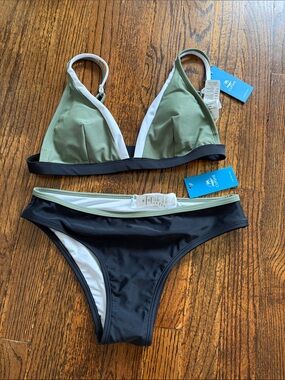 Cupshe Olive, White & Black Triangle Bikini Set